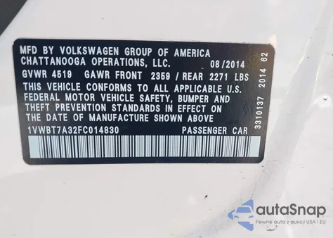 2015 Volkswagen Passat 1.8T Sport z USA, uszkodzony, nr VIN 1VWBT7A32FC014830